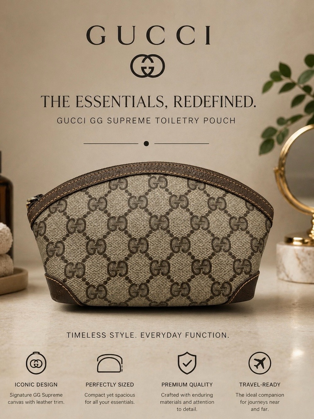 Gucci Tan Brown Vintage GG Monogram Authentic Toiletry Pouch